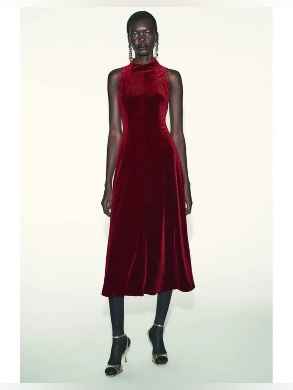 NWT Zara Woman VELVET MIDI DRESS Red Size L Large
